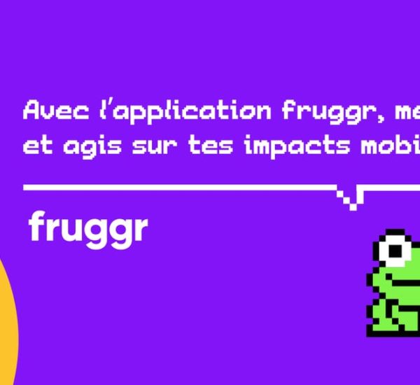 Grenouille pixelisée sur fond violet qui dit : avec l’application fruggr, mesure et agis sur tes impacts mobile.