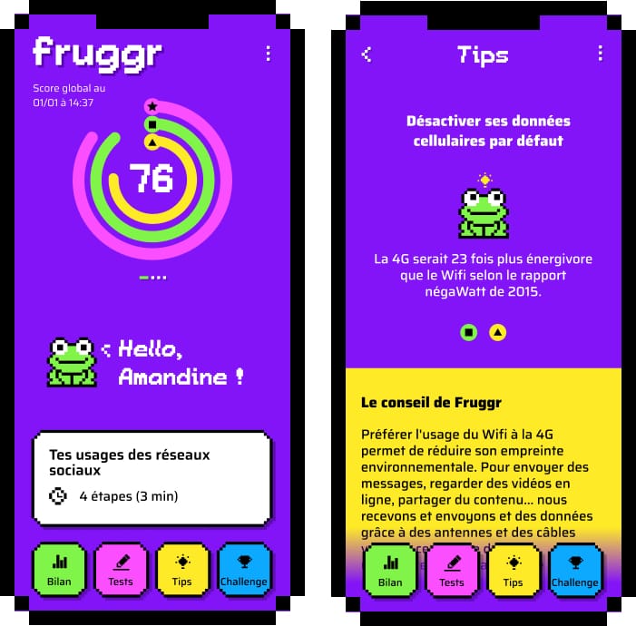 Deux écrans de l'app mobile fruggr : le premier est le score fruggr sur 100 et le deuxième un conseil fruggr (limiter son utilisation de 4G)